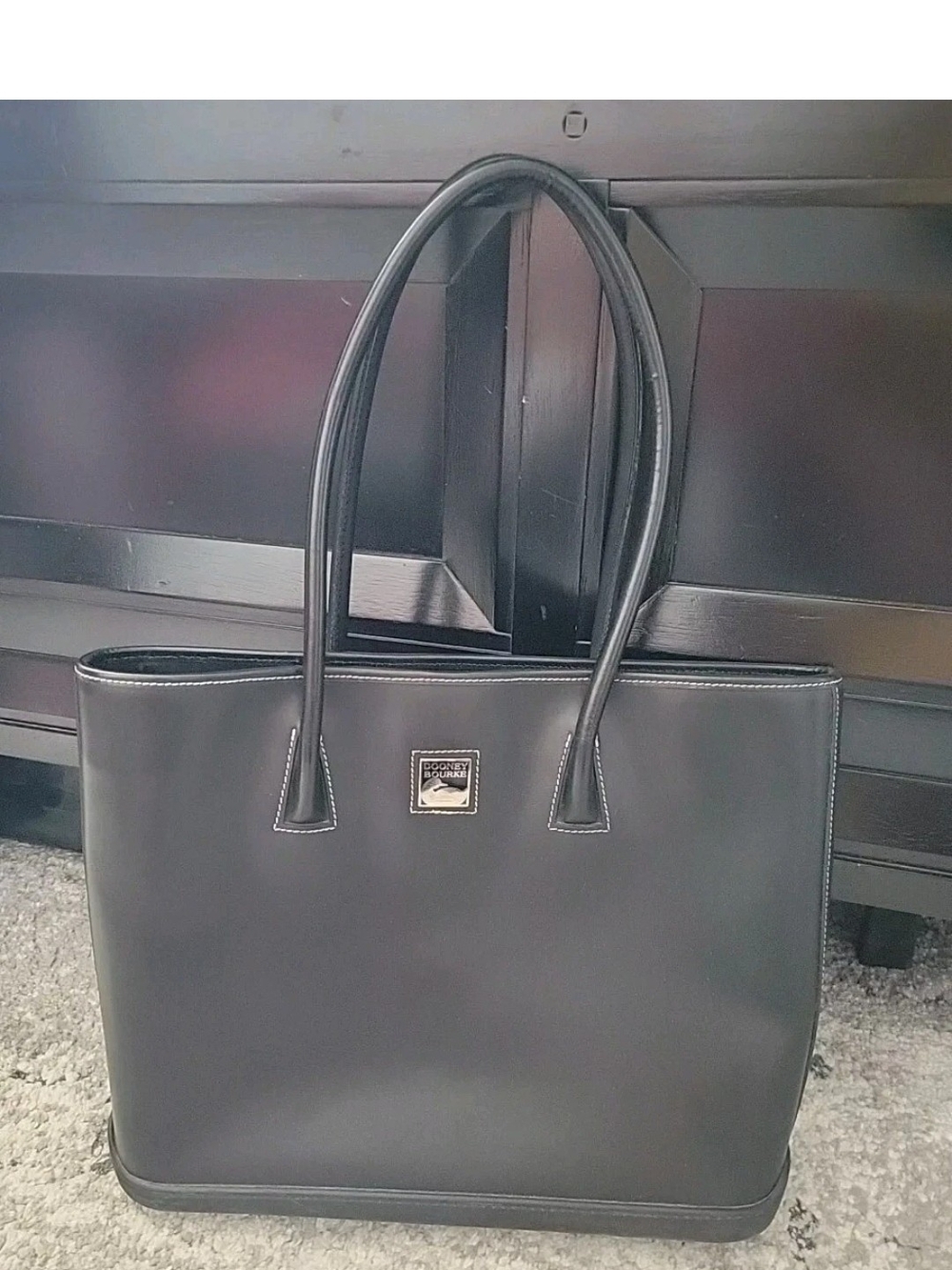 Dooney & Bourke Black Smooth Leather Tote with Logo Plaque